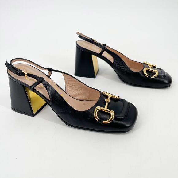 Gucci Black Leather Baby Horsebit Square Toe Block Heel Slingback Pumps EU 37 - Picture 2 of 12